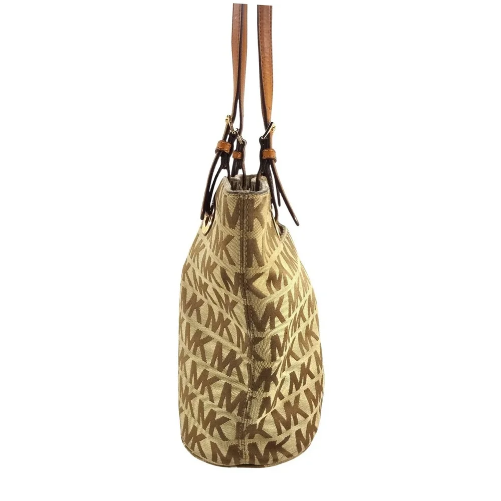 Michael Kors Beige Tan MK Monogram Canvas Tote Shoulder Bag Gold Hardware‎ - Picture 3 of 9
